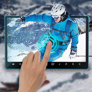 A finger tapping a car display through the protector, with the image beneath rendering sharply