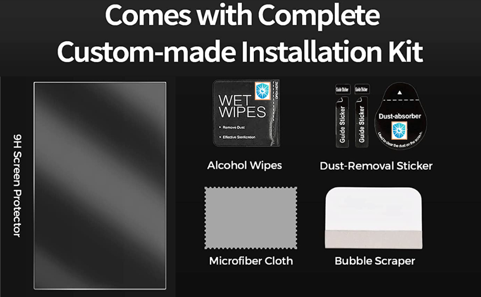 The complete installation kit: screen protector, alcohol wipes, dust-removal stickers, microfibre cloth and bubble scraper