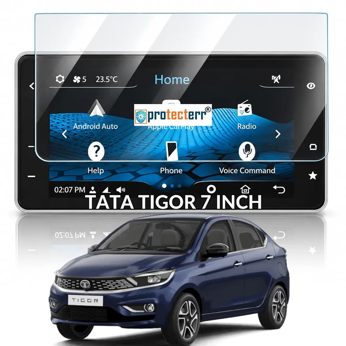 Tata Tigor (2020-2026) 7 inch Screen Protector — shown on the car’s own display, for the Tata Tigor 7" infotainment display