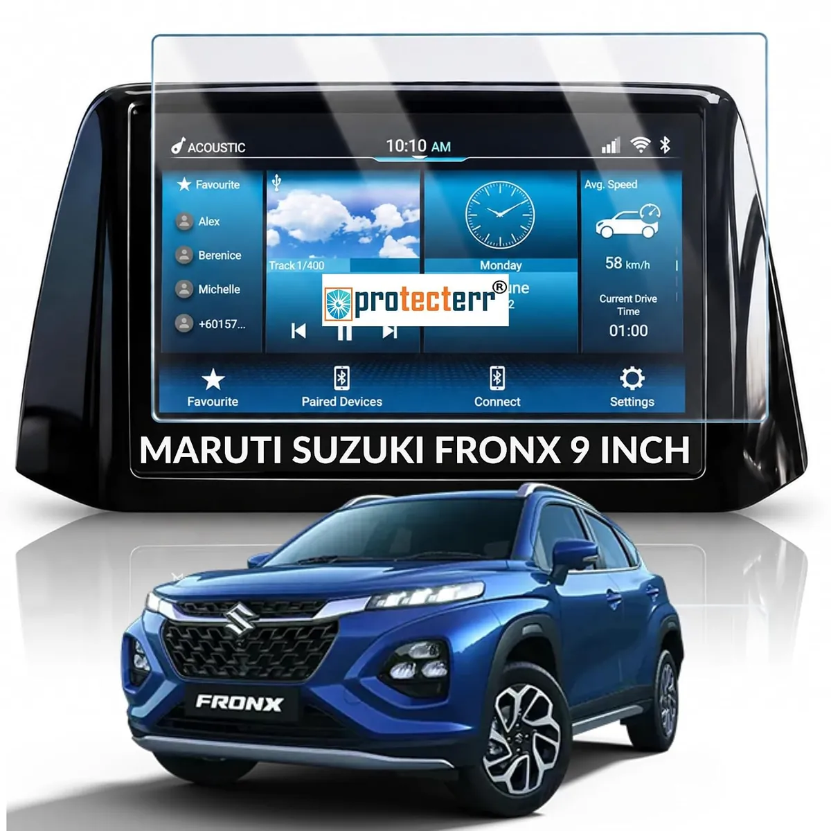 Maruti Suzuki Fronx 9 inch Screen Protector — shown on the car’s own display, for the Maruti Suzuki Fronx 9" infotainment display