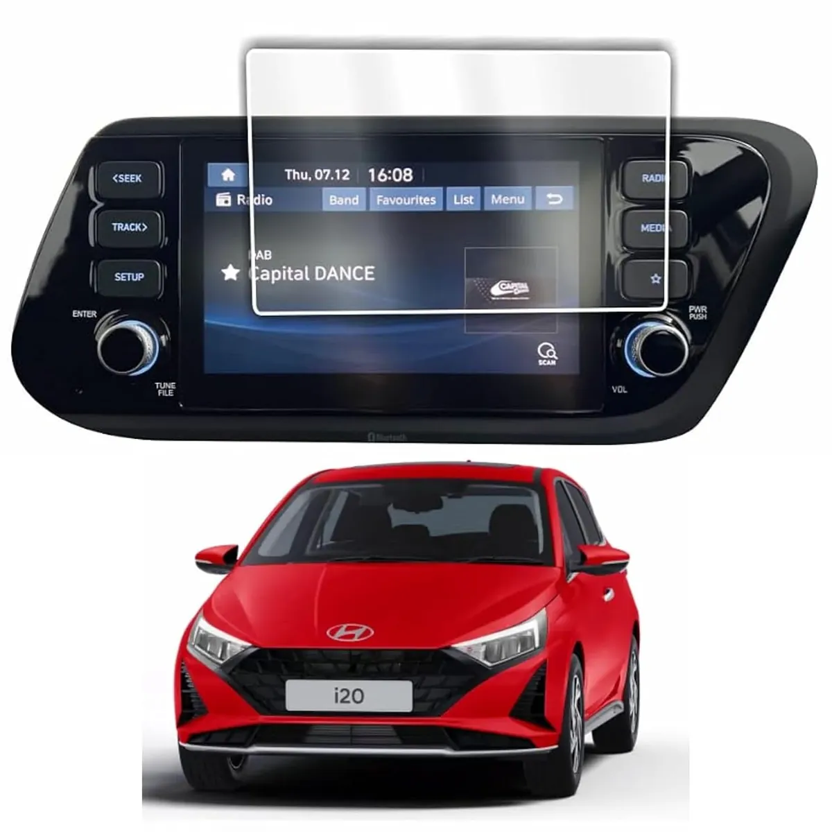 Hyundai i20 8 inch Screen Protector — shown on the car’s own display, for the Hyundai i20 8" infotainment display