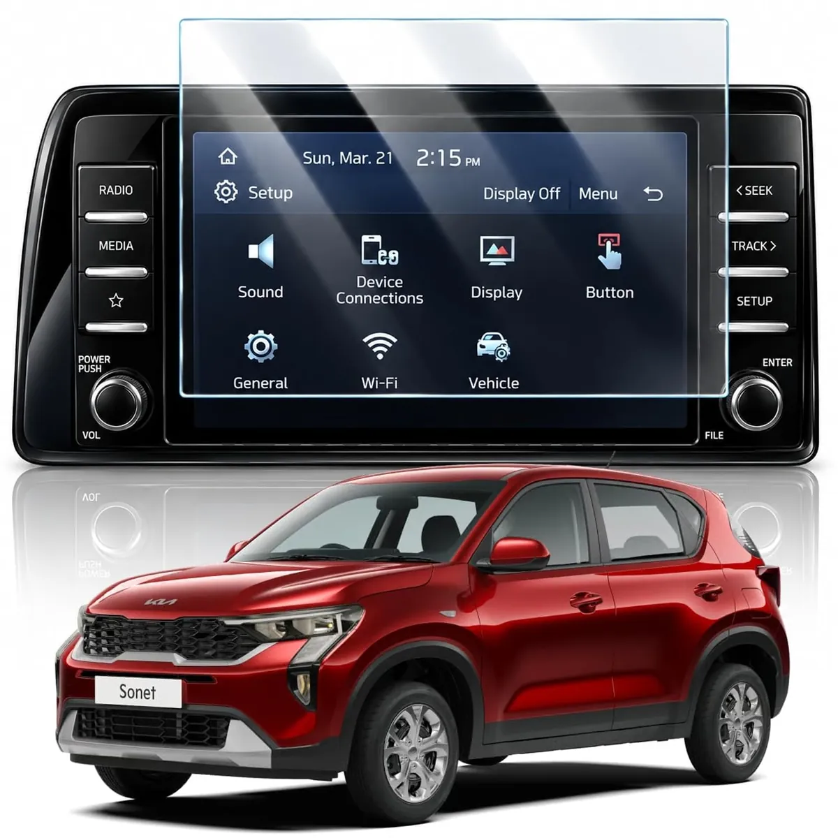 Kia Sonet 8 inch Screen Protector — shown on the car’s own display, for the Kia Sonet 8" infotainment display