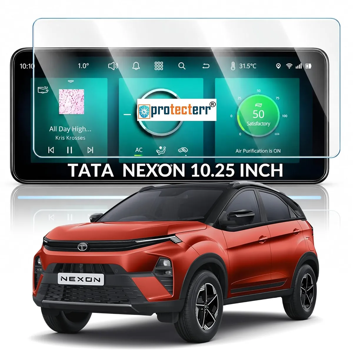 Tata Nexon (Round Corners) 10.25 inch Screen Protector — shown on the car’s own display, for the Tata Nexon 10.25" infotainment display