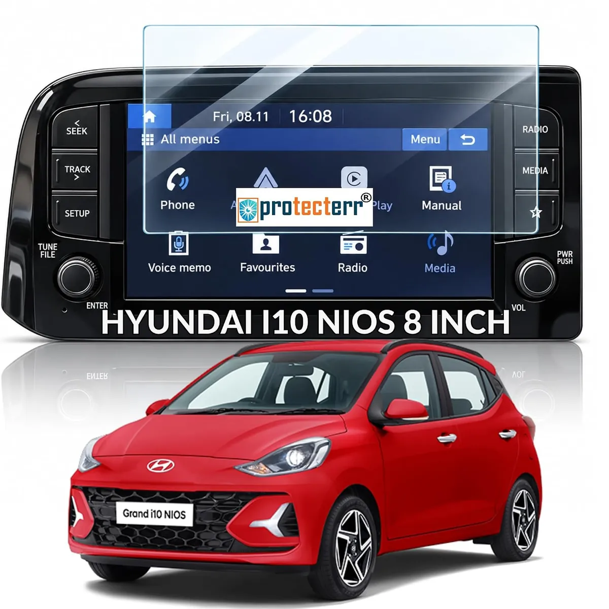Hyundai Grand i10 Nios 8 inch Screen Protector — shown on the car’s own display, for the Hyundai Grand i10 Nios 8" infotainment display