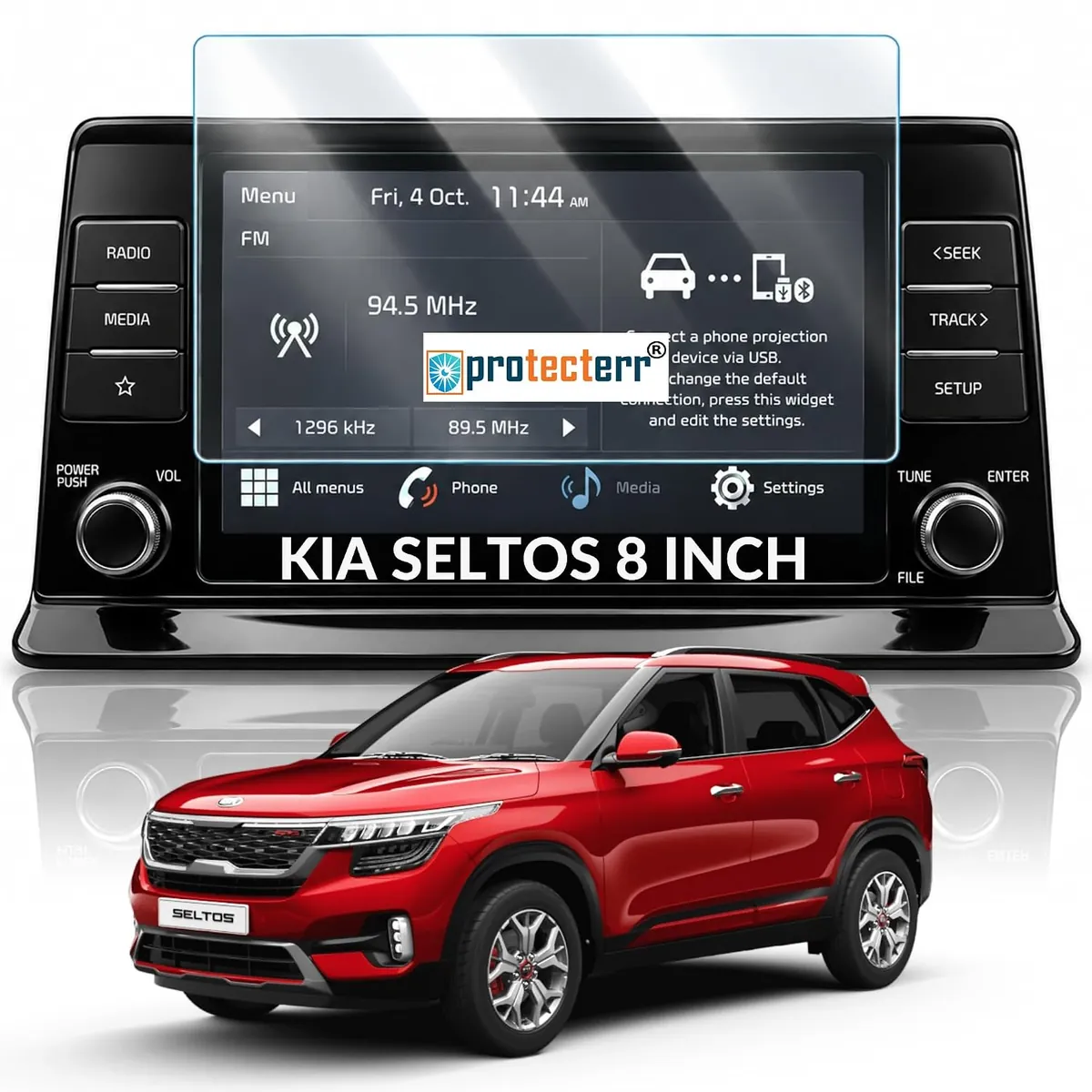 Kia Seltos 8 inch Screen Protector — shown on the car’s own display, for the Kia Seltos 8" infotainment display