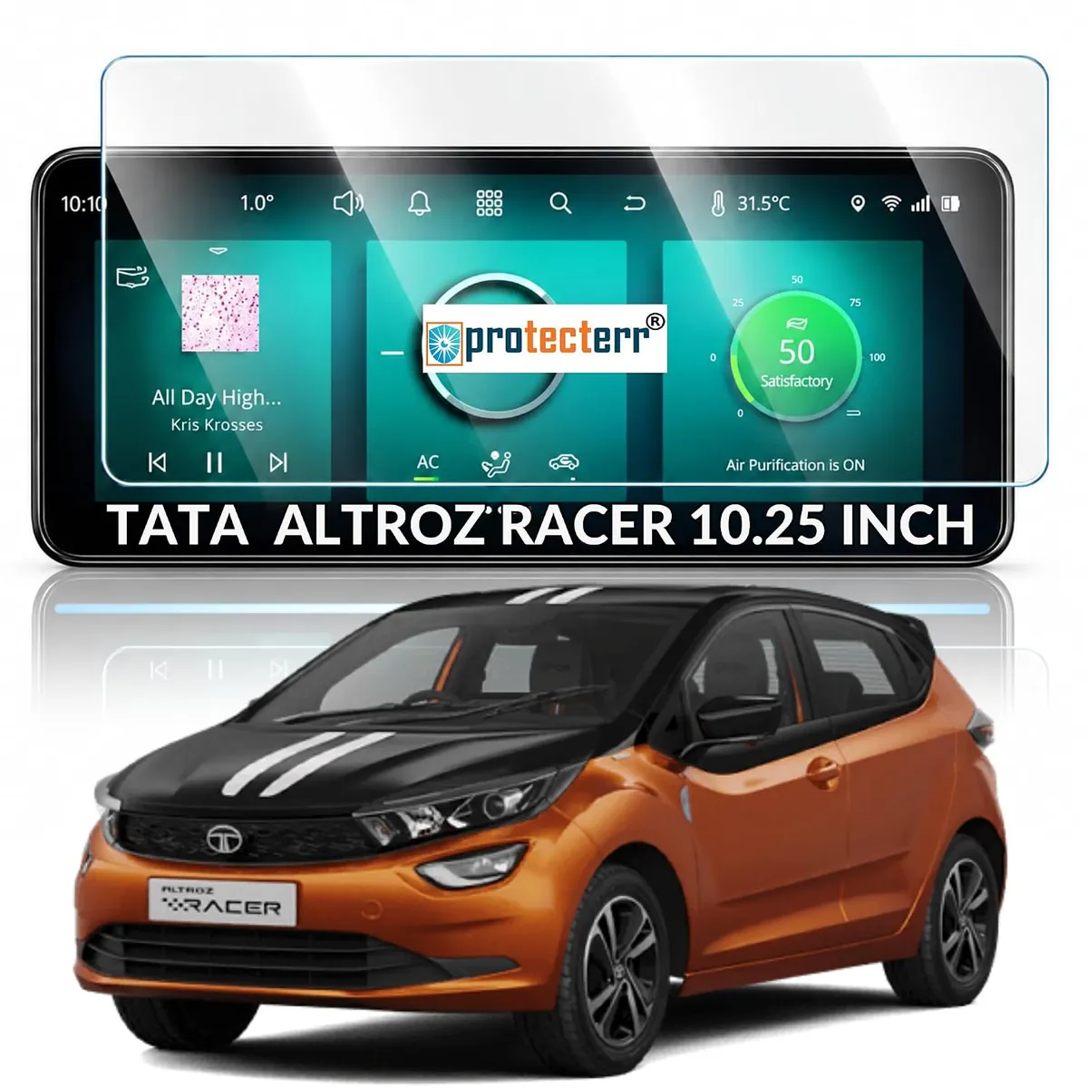 Tata Altroz Racer 10.25 inch Screen Protector — shown on the car’s own display, for the Tata Altroz Racer 10.25" infotainment display