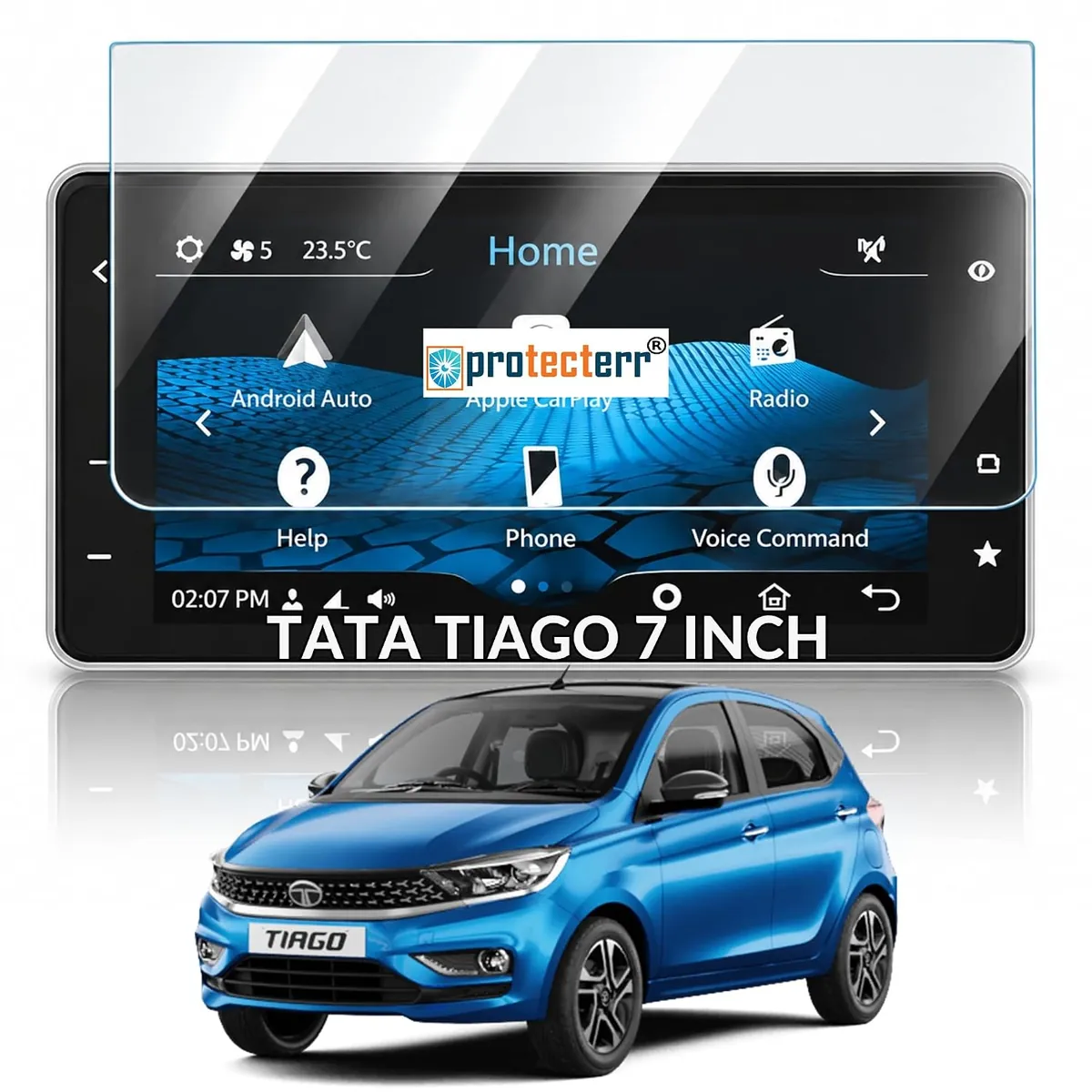 Tata Tiago (2020-2026) 7 inch Screen Protector — shown on the car’s own display, for the Tata Tiago 7" infotainment display