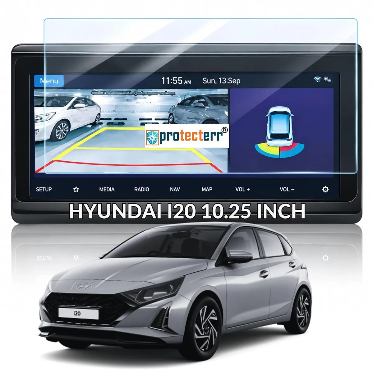 Hyundai i20 10.25 inch Screen Protector — shown on the car’s own display, for the Hyundai i20 10.25" infotainment display