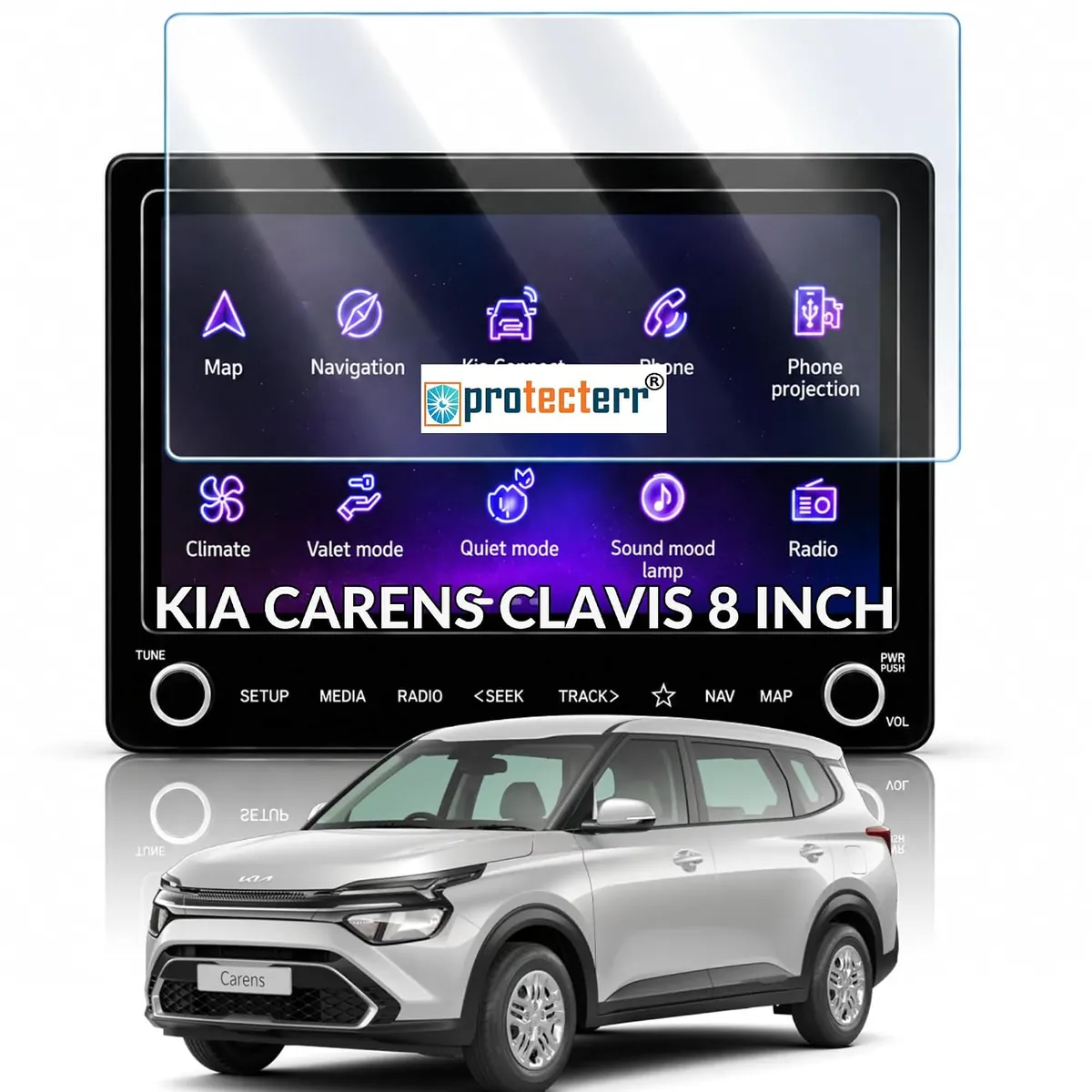 Kia Carens Clavis 8 inch Screen Protector — shown on the car’s own display, for the Kia Carens Clavis 8" infotainment display