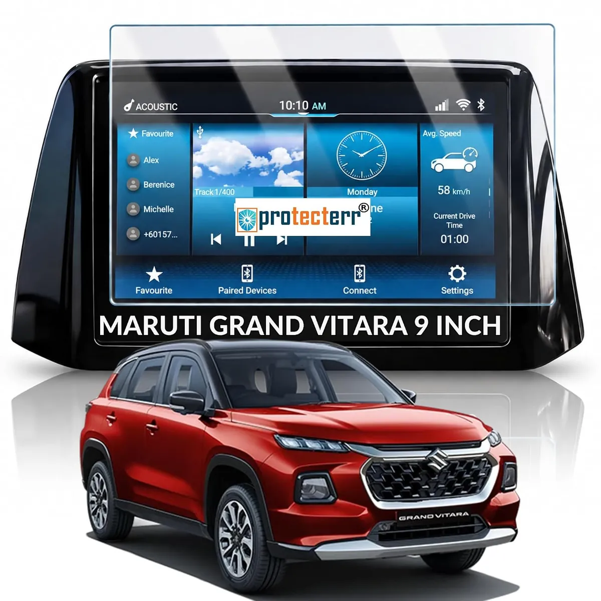 Maruti Suzuki Grand Vitara 9 inch Screen Protector — shown on the car’s own display, for the Maruti Suzuki Grand Vitara 9" infotainment display