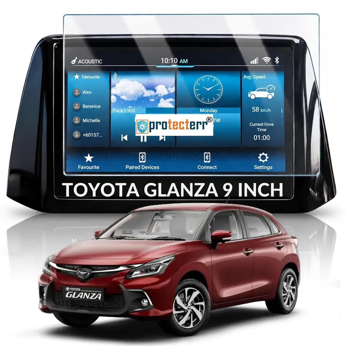 Toyota Glanza 9 inch Screen Protector — shown on the car’s own display, for the Toyota Glanza 9" infotainment display