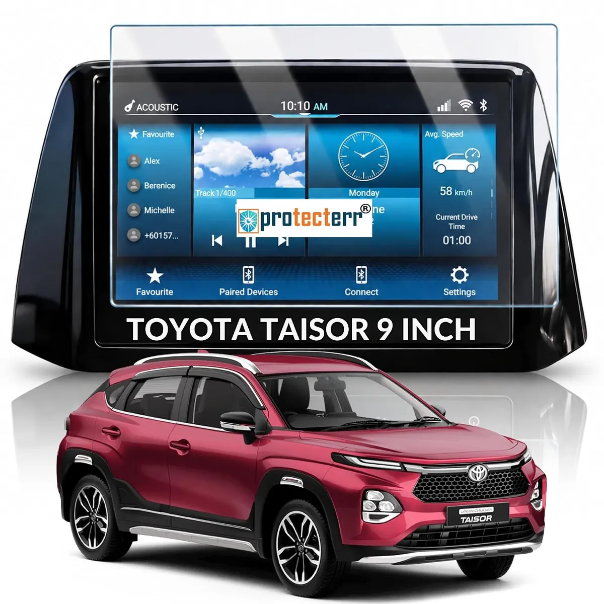 Toyota Taisor 9 inch Screen Protector — shown on the car’s own display, for the Toyota Taisor 9" infotainment display